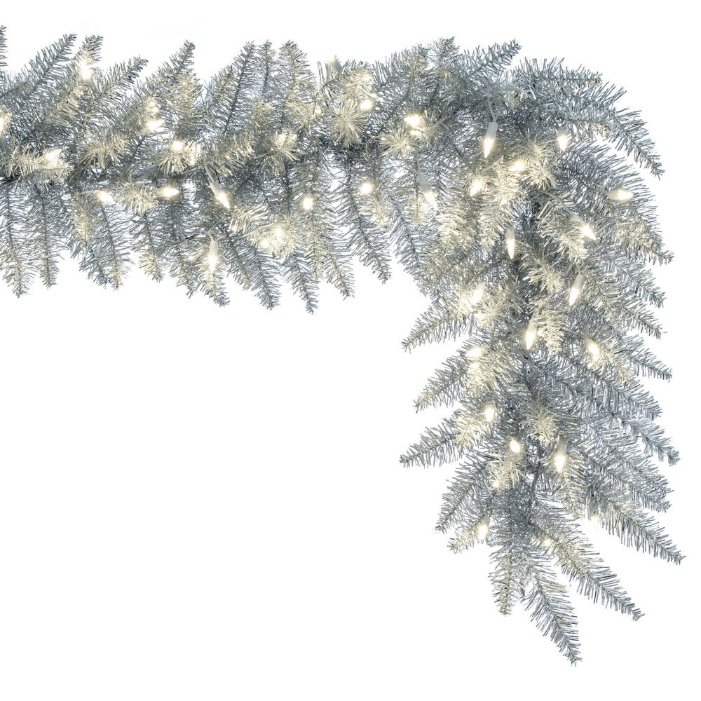 Vickerman 9' Sliver Artificial Christmas Garland Warm White Dura-Lit LED lights.