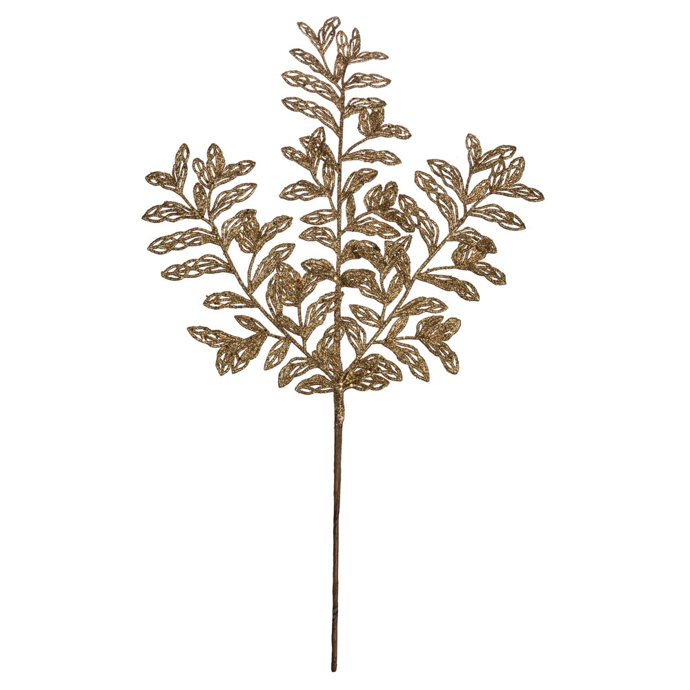 Vickerman 22" Gold Bipinnate Glitter Leaf Artificial Christmas Spray. Includes 12 sprays per pack.