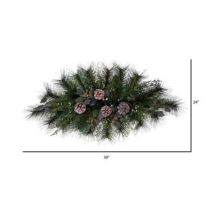 Vickerman 30" Artificial Long Leaf Pine with Seeded Cedar Eucalyptus Foliage and Pinecones 3 Candle Holder