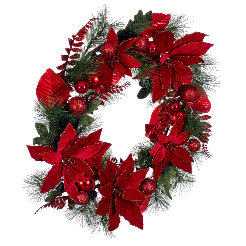 Vickerman 28" Merry Red Poinsettia Ball and Fern Decorated Wreath.
