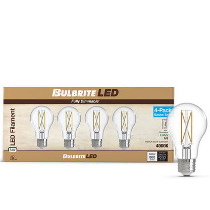 Bulbrite 776228 LED Filament Pack of 4, 7.6 Watt Dimmable A19 Light Bulb with Clear Finish and Medium Screw E26 Base - 4000K(Cool White Light), 800 lumens