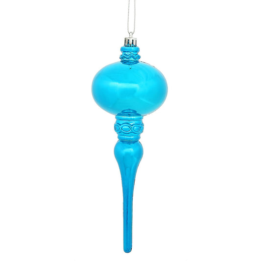 Vickerman 8" x 2.75" Turquoise Shiny Finial Ornament with drilled and wired caps. Comes 3 per Bag.