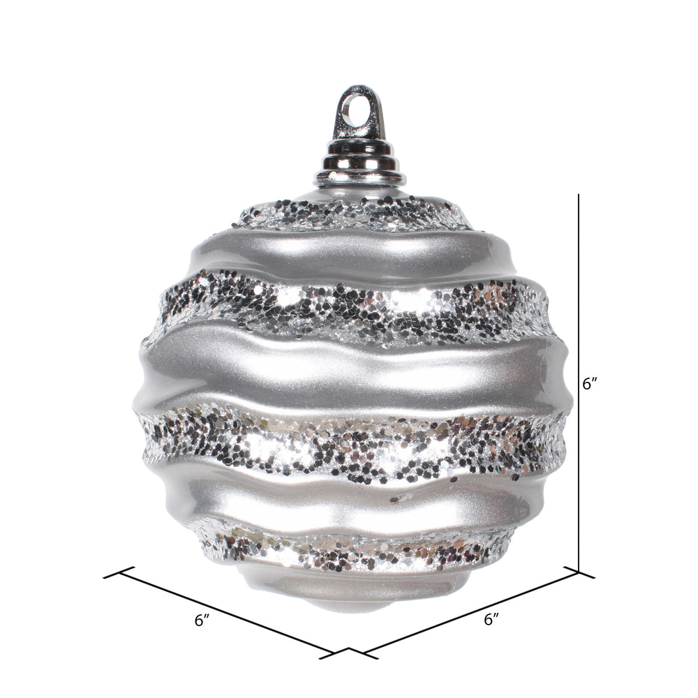 Vickerman 6" Silver Stripe Candy Finish Wave Ball Christmas Ornament with Glitter Accents