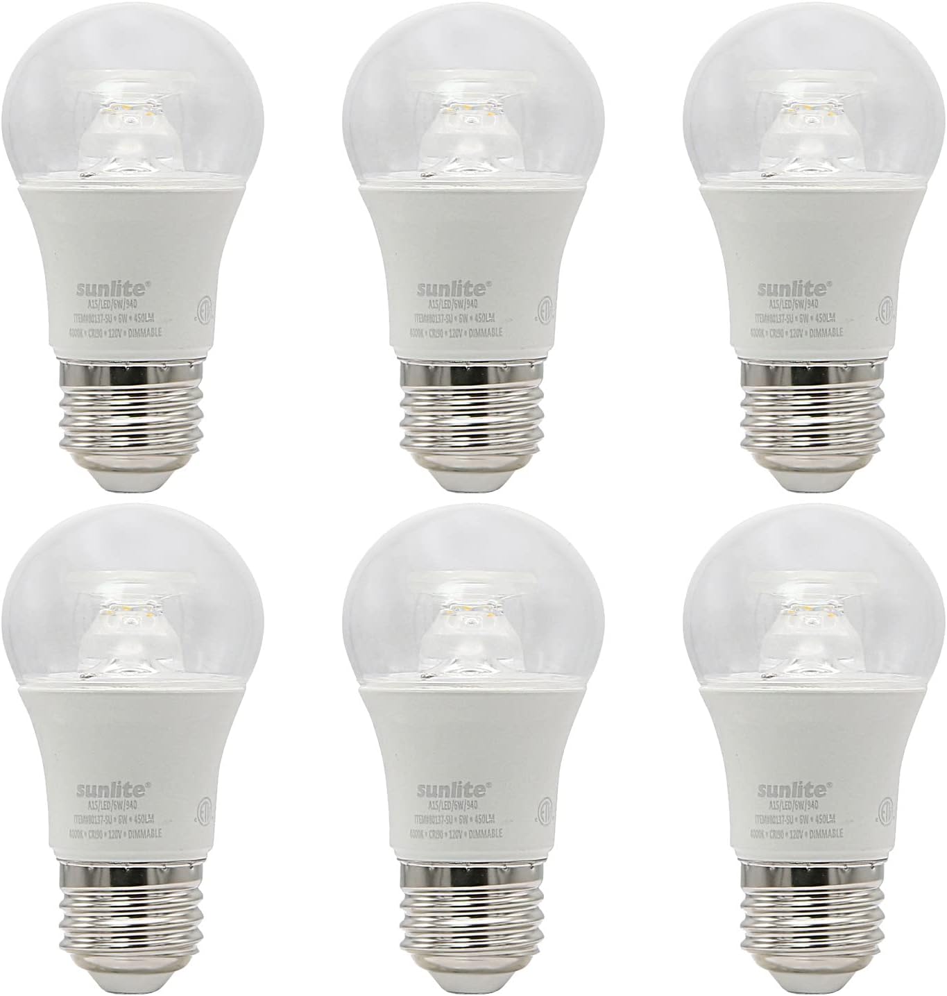 Sunlite LED A15 Appliance Clear Light Bulb, 6 Watts (40W Equivalent), 450 Lumens, Medium Base (E26), 90 CRI, Dimmable, ETL Listed, Ceiling Fan, 4000K Cool White, 6 Count