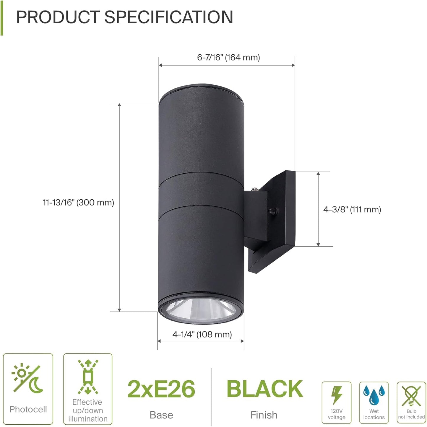 ASD Lighting BULB Round Outdoor Wall Cylinder with Photocell, Up and Downlight Fixture, 120V, 40W, 11.81", 50°, Black Finish, 2Pack