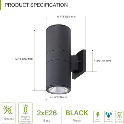 ASD Lighting BULB Round Outdoor Wall Cylinder with Photocell, Up and Downlight Fixture, 120V, 40W, 11.81", 50°, Black Finish, 2Pack