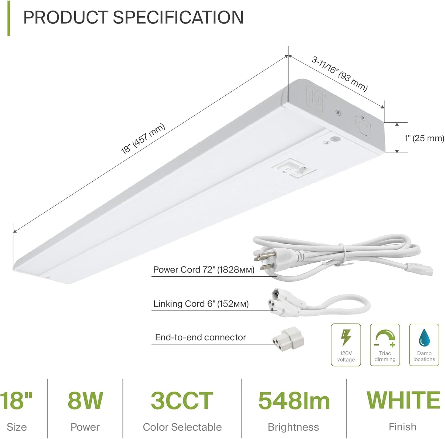 ASD Lighting LED Under Cabinet Linear 18" 8W 120V Dimmable CCT Selectable 2700/3000/4000K Hardwired or Plug-in, Linkable, Hi/Low Switch, White UL