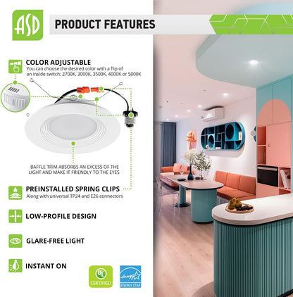 ASD Lighting LED Round Downlight Retrofit Kit 5'' and 6" 12W 120V CCT Selectable 2700/3000/3500/4000/5000K Dimmable PC, Baffle Trim, White UL 6pack