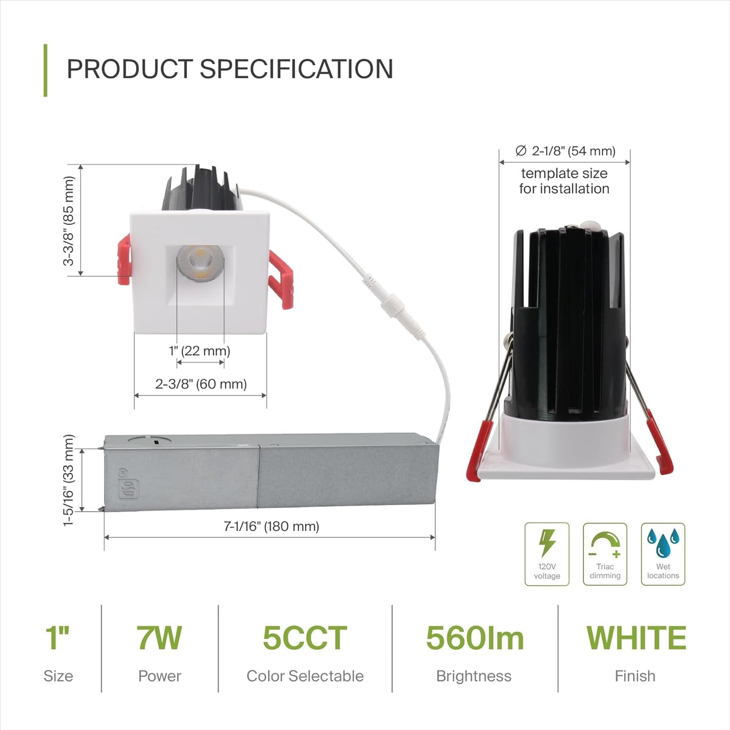 ASD Lighting LED Downlight Square 1inch 7W 120V Triac 2700/3000/3500/4000/5000K White ETL Energy Star