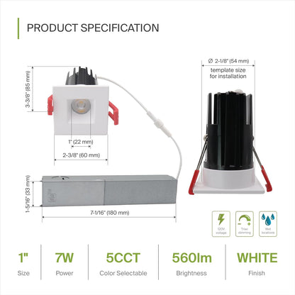 ASD Lighting LED Downlight Square 1inch 7W 120V Triac 2700/3000/3500/4000/5000K White ETL Energy Star