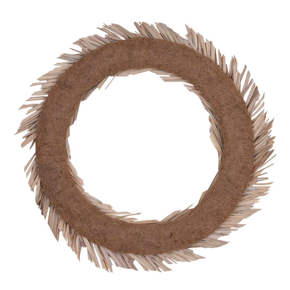 Vickerman Natural Botanicals 24" Bleached Canna Leaf Wreath. This wreath measures 24 inches in diameter. It features bleached canna leaves on a coco fiber base. This is a dried and preserved natural product.