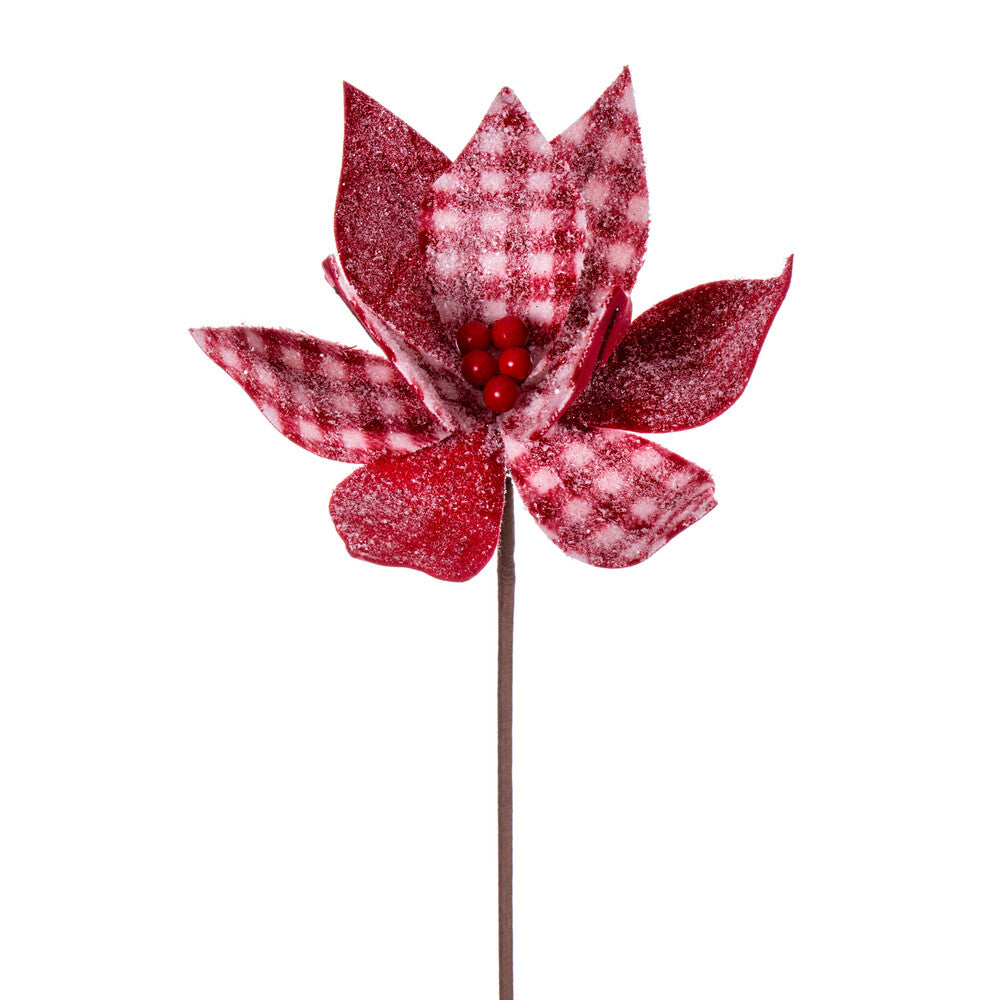 Vickerman 21" Red and White Frosted Buffalo Check Velvet Poinsettia 2 per bag.
