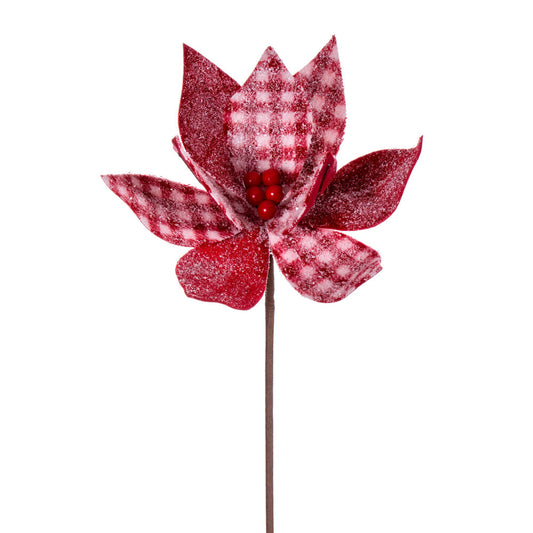 Vickerman 21" Red and White Frosted Buffalo Check Velvet Poinsettia 2 per bag.