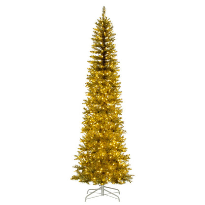 Vickerman 8.5' x 38" Champagne Pencil Artificial Pre-Lit Christmas Tree with 600 Dura-Lit® Warm White LED Mini Lights. It measures 102 inches tall, and 28 inches wide, which is considered a pencil profile. This tree boasts 1363 tips for a realistic look.
