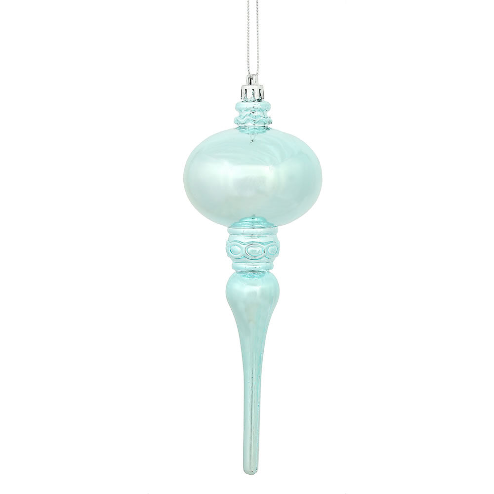 Vickerman 8" x 2.75" Baby Blue Shiny Finial Ornament with drilled and wired caps. Comes 3 per Bag.