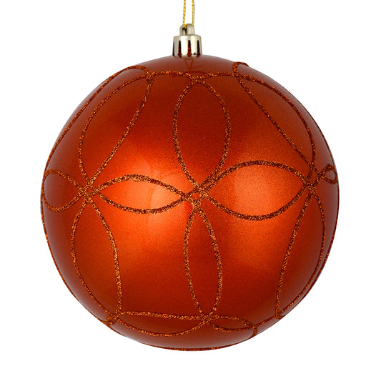 Vickerman 4" Burnished Orange Candy Finish Ornament with Circle Glitter Pattern 4 per Bag