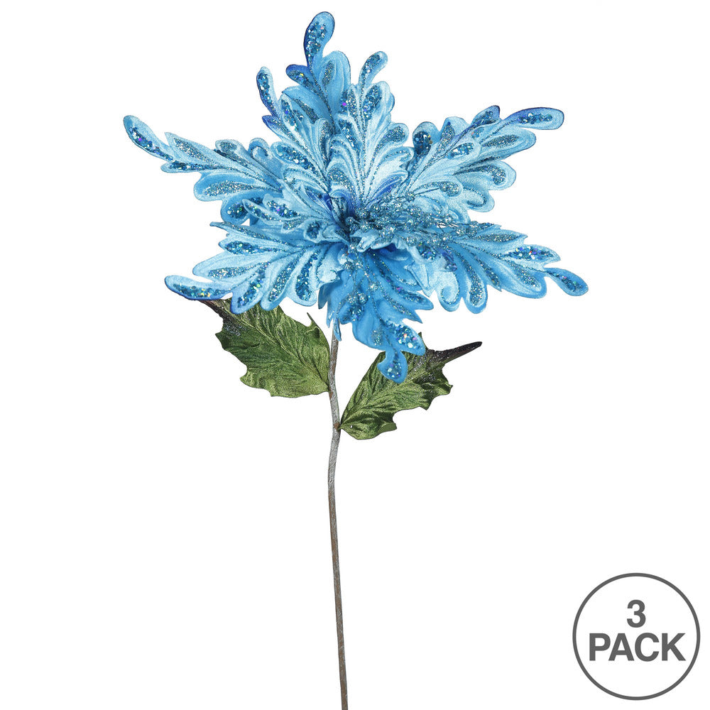 Vickerman 31" Sky Blue Velvet Poinsettia Artificial Christmas Pick 3 per Bag