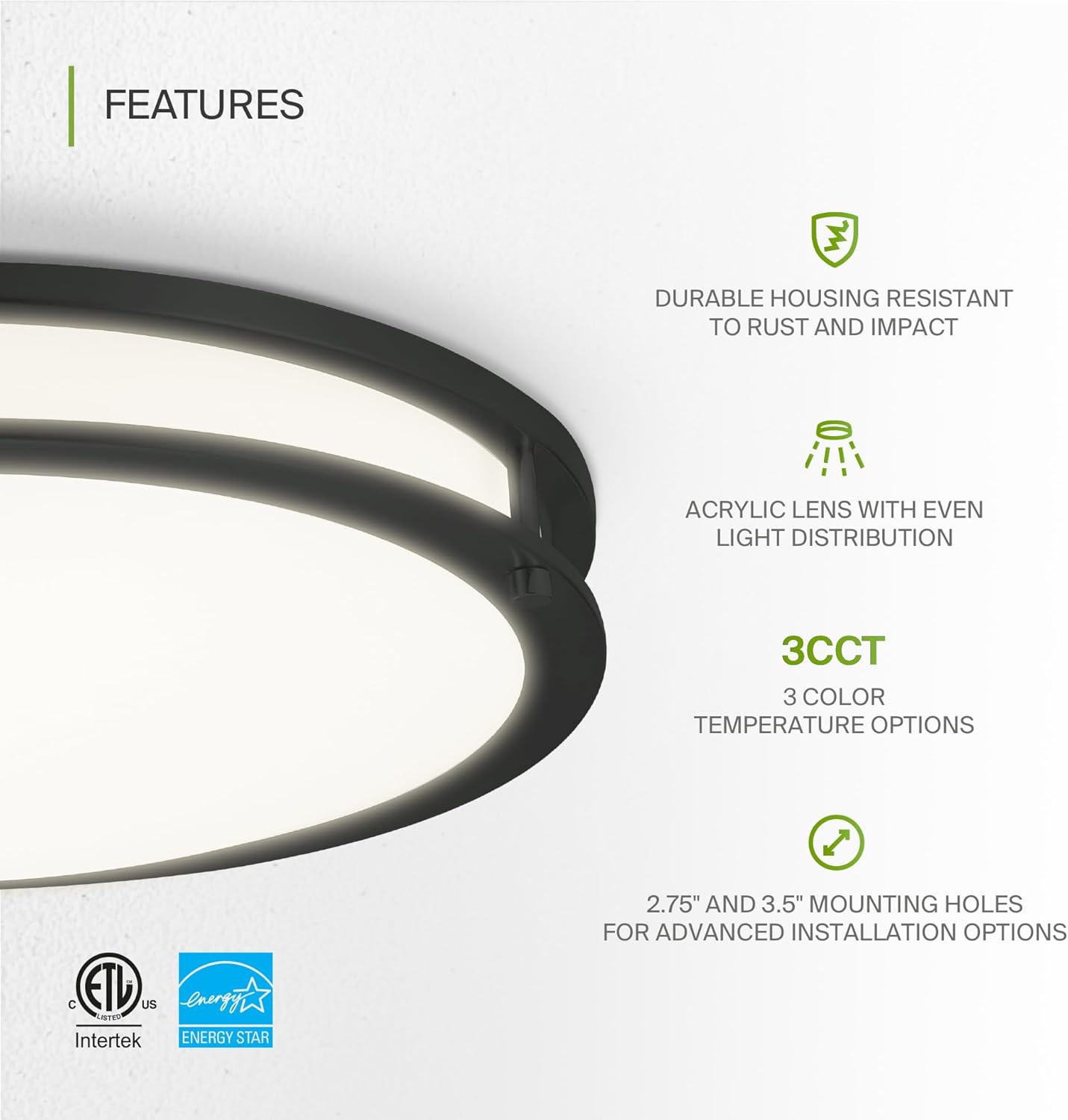 ASD LED Double Ring Flushmount 16" 24W 120V CCT Selectable 3000/4000/5000K Dimmable Black ETL Energy Star