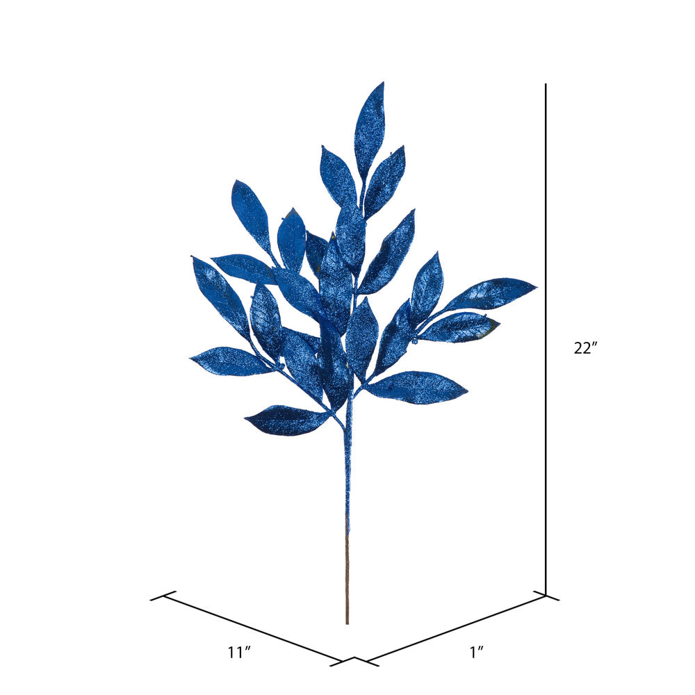 Vickerman 22" Blue Glitter BayLeaf Artificial Christmas Spray. Includes 12 sprays per pack.
