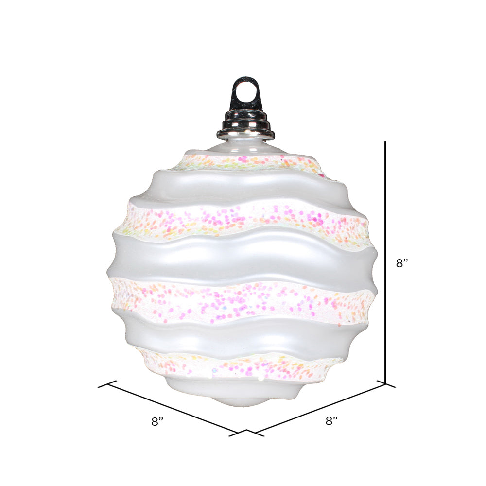 Vickerman 8" White Stripe Candy Finish Wave Ball Christmas Ornament with Glitter Accents