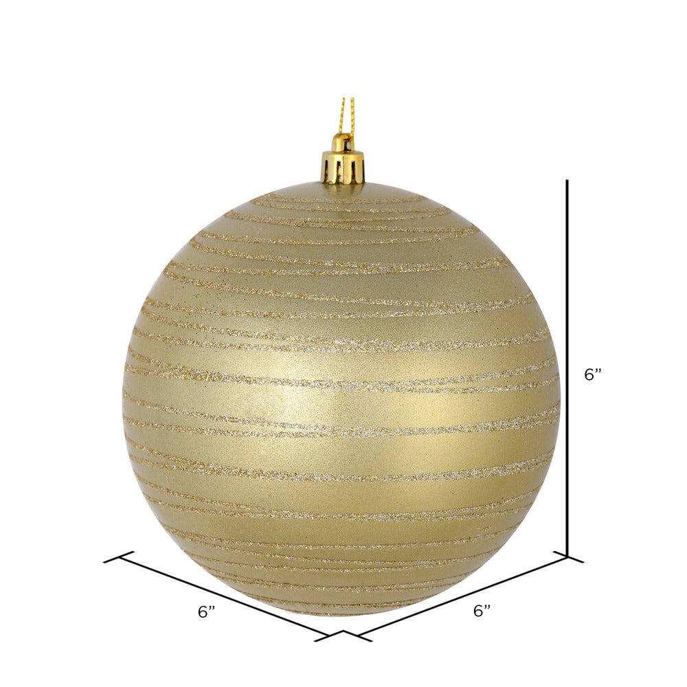 Vickerman 6" Champagne Candy Finish Ball Ornament with Glitter Lines 3 per Bag