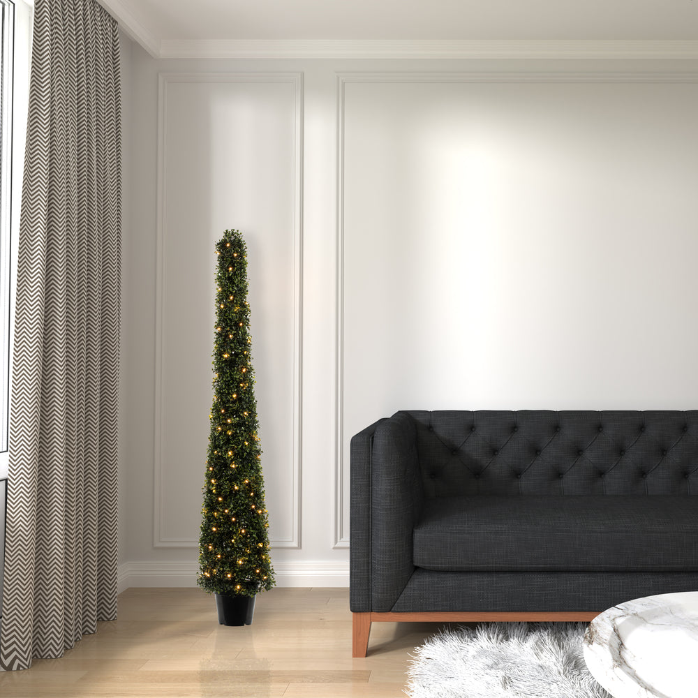 Vickerman 5' Potted Artificial Boxwood Cone with 150 Warm White LED Lghts.