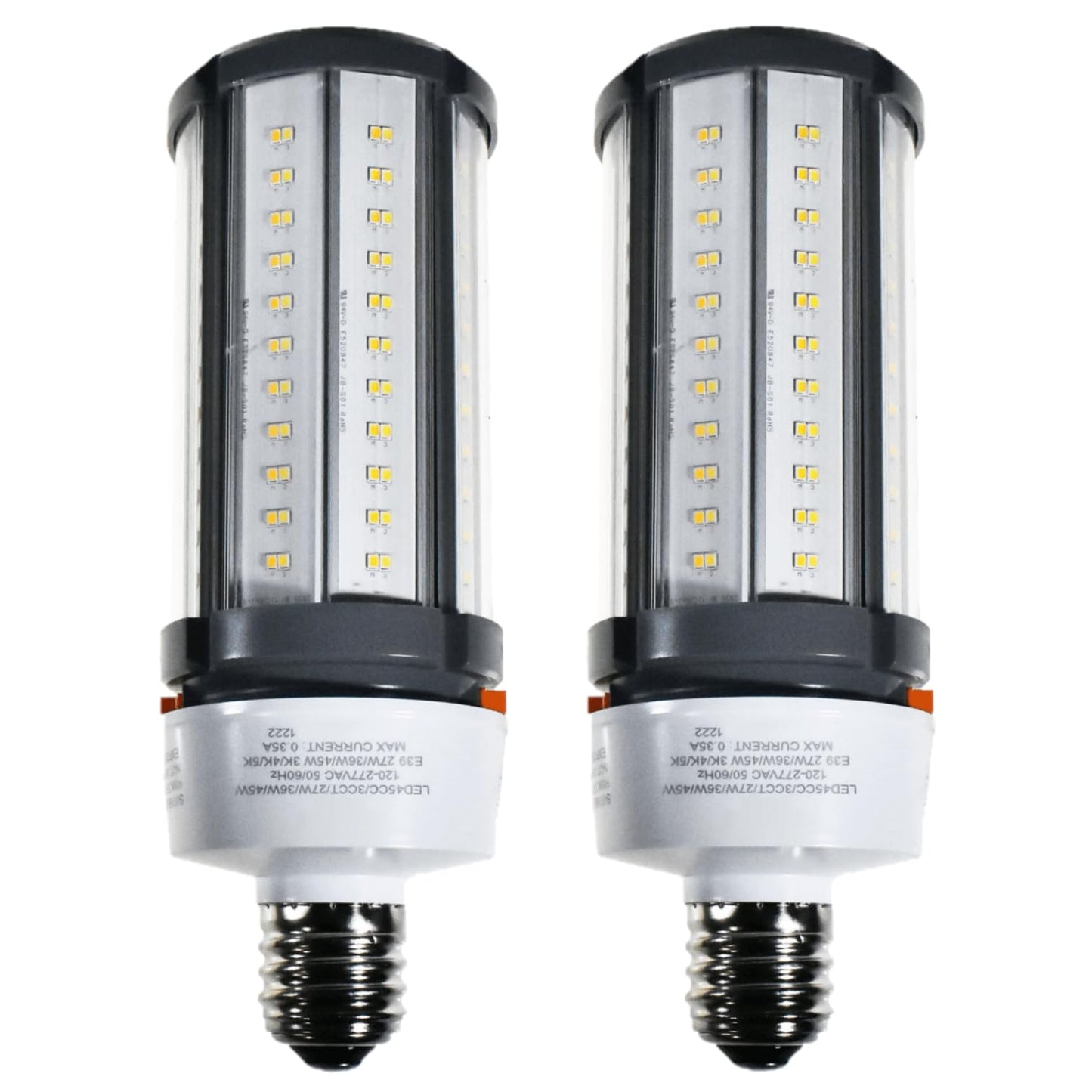 Damar- LED Corn Cob Post Top Bright Light Bulb Type B Ballast Bypass 27W/36W/45W E39 Mogul Base 30K/40K/50K Color Selectable 3780/5040/6300 Lumens Dimmable 120-277VAC Pack of 2- For Warehouse Garage