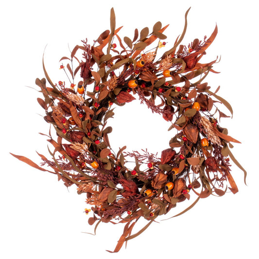 Vickerman 22" Autumn Orange Artificial Assorted Leaf Wreath with Berries.