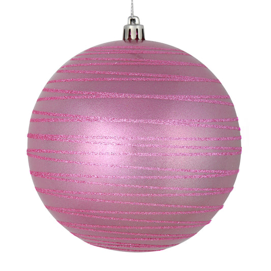 Vickerman 4.75" Pink Candy Finish Ball Ornament with Glitter Lines 4 per Bag