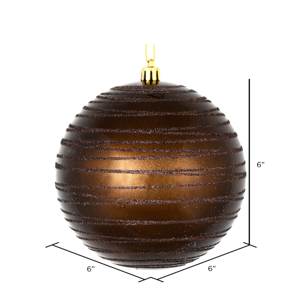 Vickerman 6" Chocolate Candy Finish Ball Ornament with Glitter Lines 3 per Bag