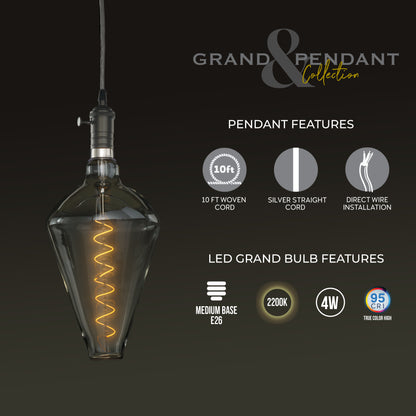 Bulbrite LED Grand Bulb and Pendant Kit of (1) 4 Watt Clear Glass 15" Diamond Shaped Bulb and (1) Gunmetal Black Open Socket Pendant on Silver Fabric Braided Cord - 2200K (Amber Light)