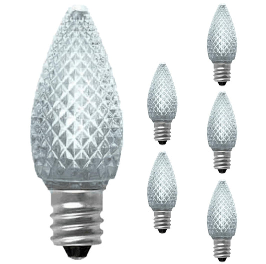 Damar- C7 LED Replacement Christmas Light Bulb Transparent Faceted 5000K Bright White E12 Candelabra Base 0.8W 100-130V Pack of 6- Shatterproof Clear String Light for Patio Holiday Party Decor