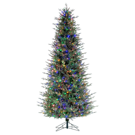 Vickerman 9.5' x 60" Slim Itasca Fraser Fir Artificial Pre-Lit Christmas Tree with 1050 Multi-Colored LED Mini Lights, 3076 Realistic PE/PVC Tips, 6' Step On/Off Power Cord and Folding Metal Tree Stand. Assembly is required.