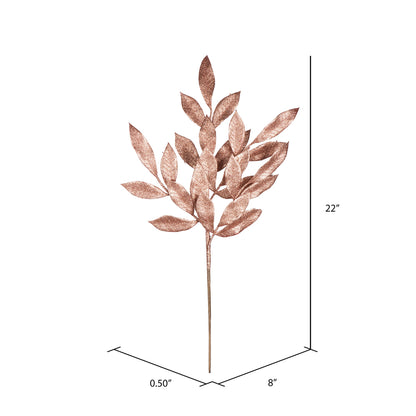 Vickerman 22" Rose Gold Glitter BayLeaf Artificial Christmas Spray. Includes 12 sprays per pack.