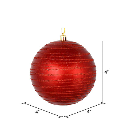 Vickerman 4" Red Candy Finish Ball Ornament with Glitter Lines 4 per Bag