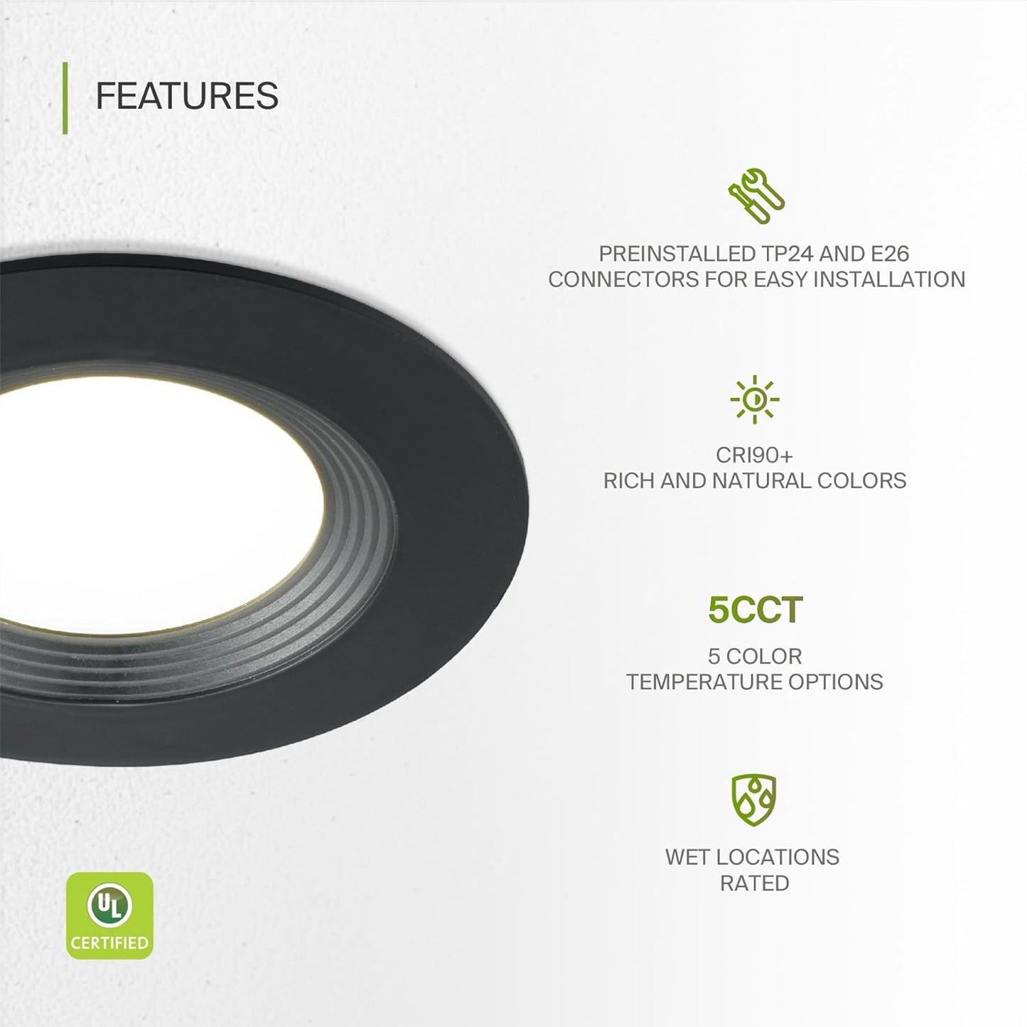 ASD Lighting LED Round Downlight Retrofit Kit 5'' and 6" 12W 120V CCT Selectable 2700/3000/3500/4000/5000K Dimmable PC, Baffle Trim, Black UL