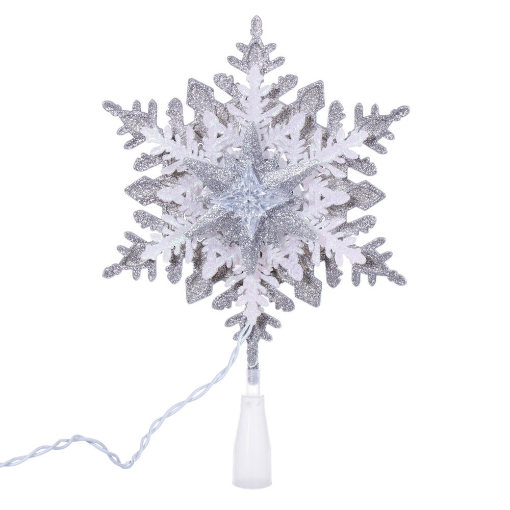 Vickerman 20 Light x 13.5" LED Silver-White Snowflake Tree Top with Warm White LED Mini Lights.