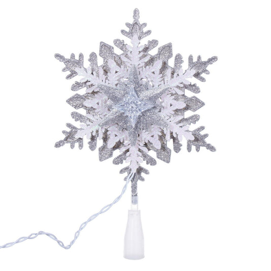 Vickerman 20 Light x 13.5" LED Silver-White Snowflake Tree Top with Warm White LED Mini Lights.