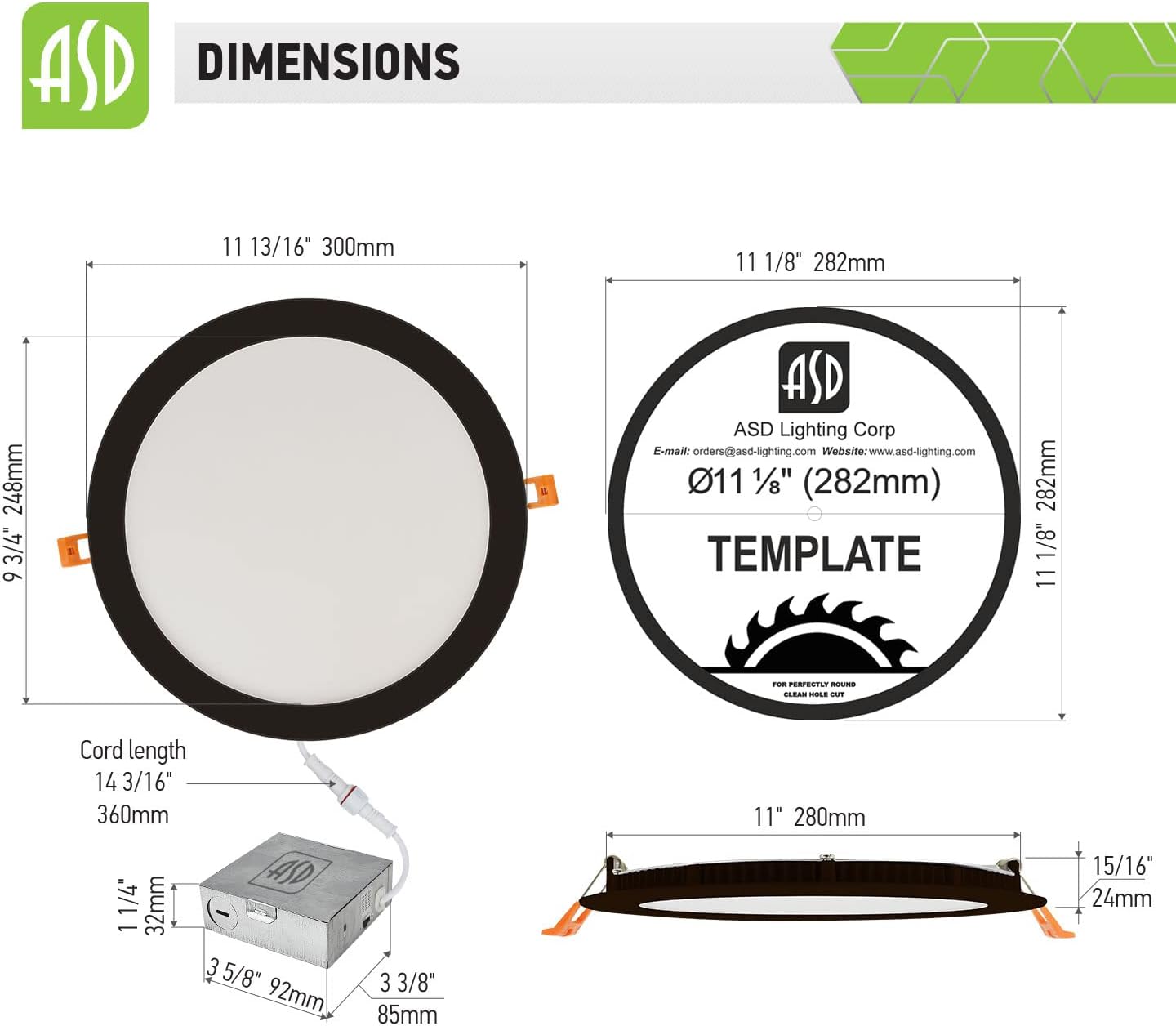 ASD Lighting LED Round Recessed Mini Panel 12" 24W Dimmable CCT Selectable 3000/4000/5000K Oil Rubbed Bronze cETLus