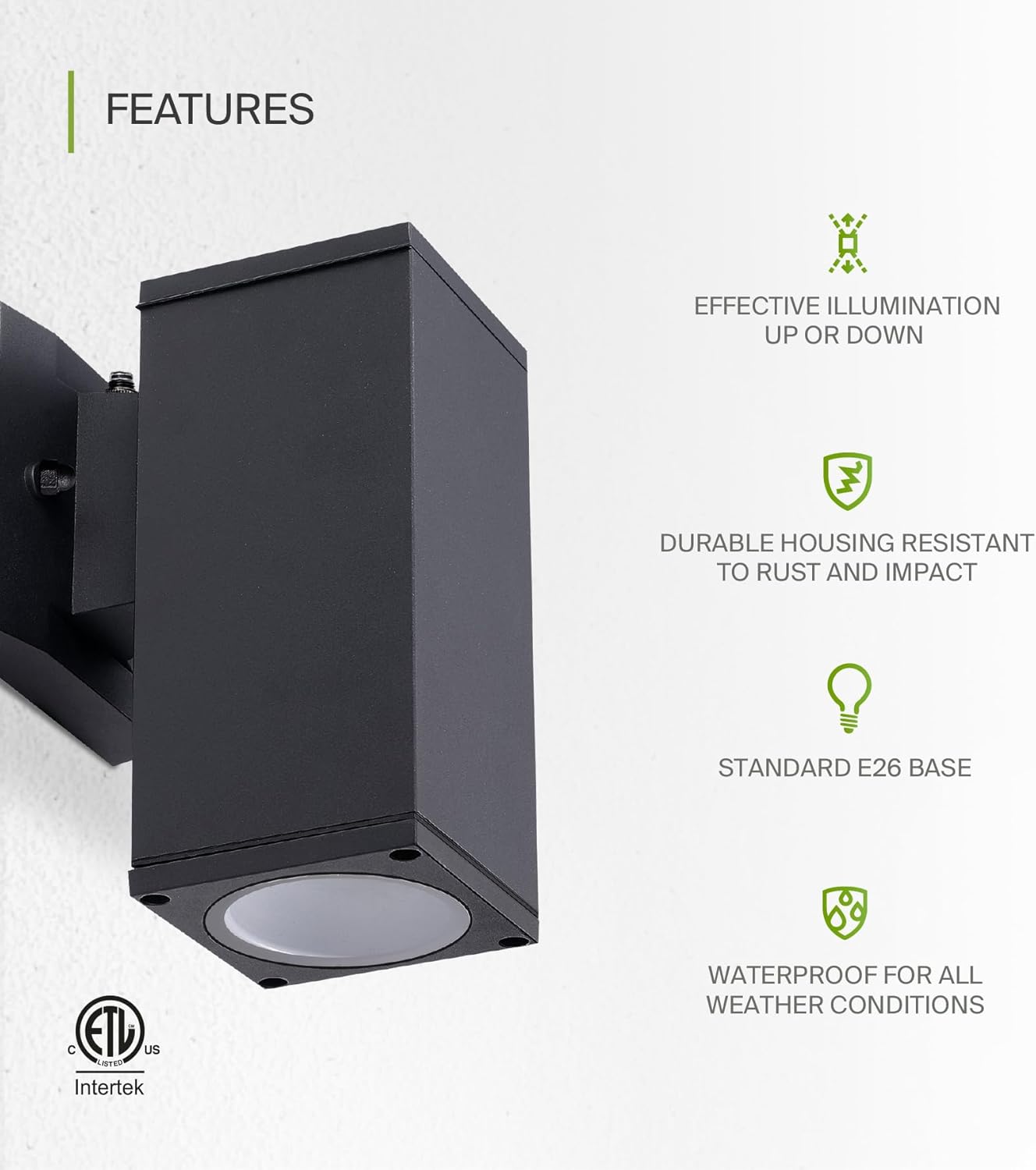 ASD Lighting BULB Square Outdoor Wall Cylinder with Photocell, Up or Downlight Fixture, 120V, 60W Max, 7.88", 50°, Black Finish, 2Pack