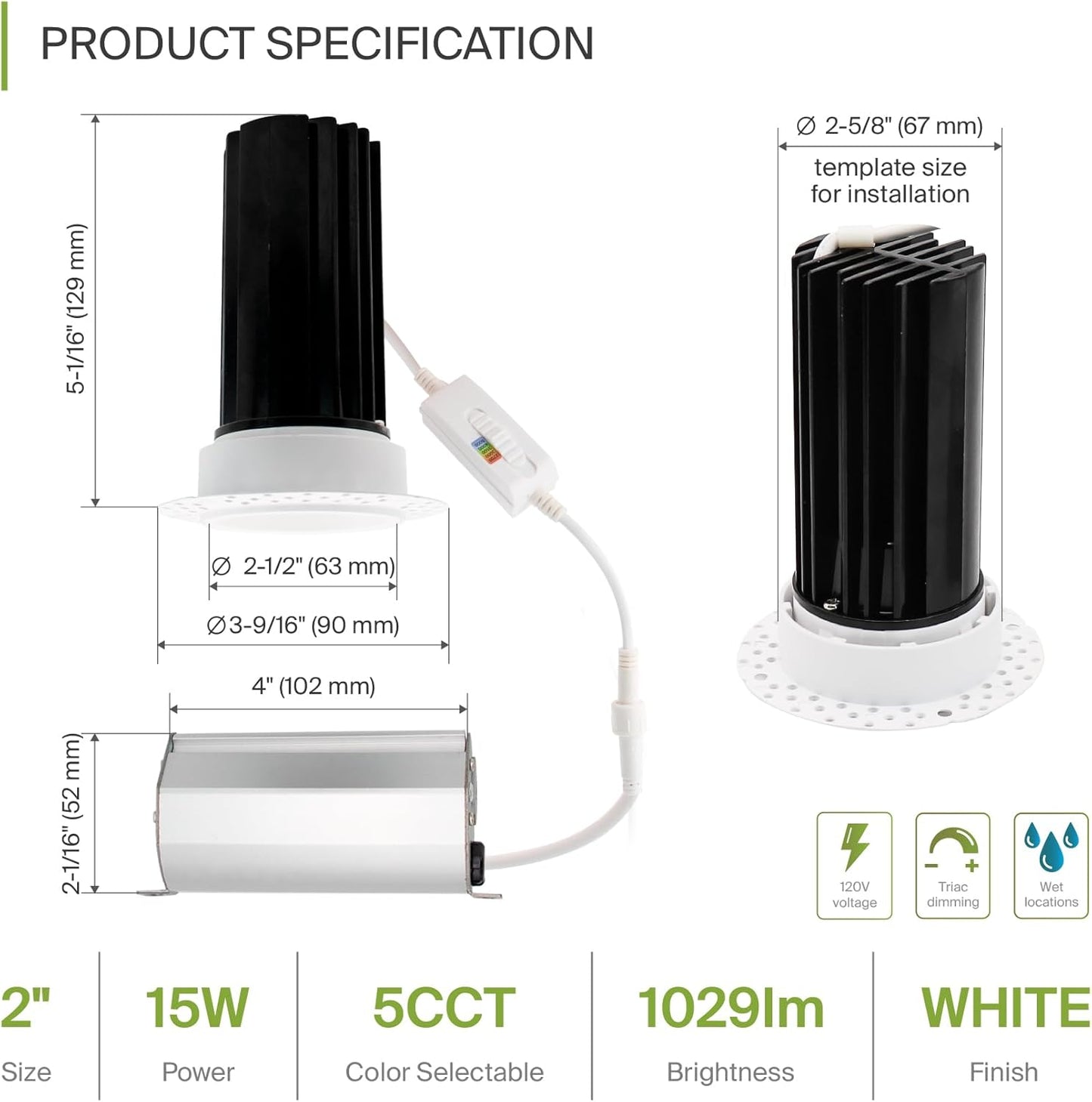 ASD Lighting LED Trimless Downlight Round 2inch 15W 120V Triac 2700/3000/3500/4000/5000K White ETL Energy Star