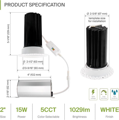 ASD Lighting LED Trimless Downlight Round 2inch 15W 120V Triac 2700/3000/3500/4000/5000K White ETL Energy Star