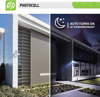 ASD Lighting LED Security Floodlight DOB 2 round heads 25W CCT Selectable 3000/4000/5000K with 180° Motion Sensor and Photocell White ETL