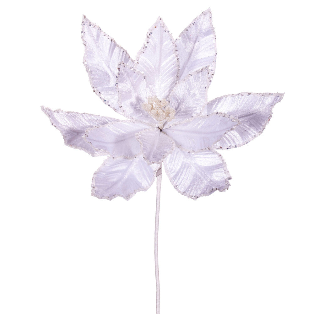 Vickerman 24" White Velvet Sequin Trim Poinsettia 3 per bag.