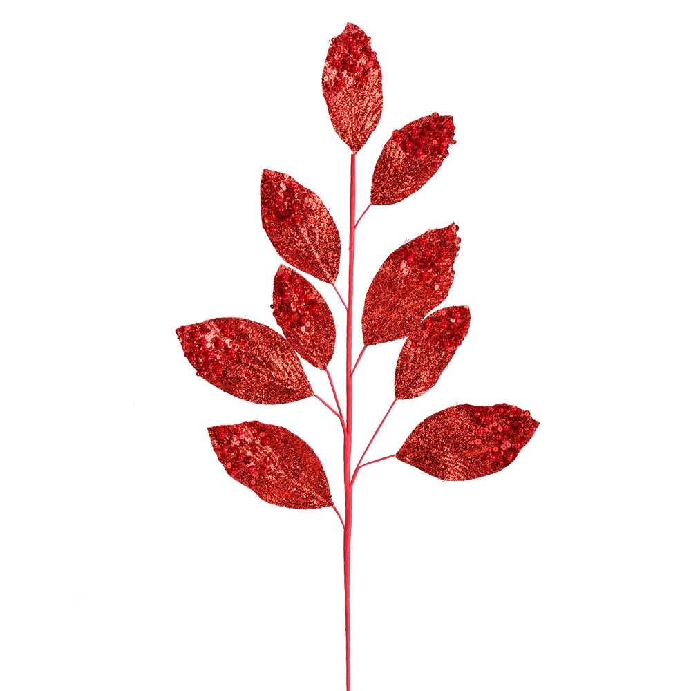 Vickerman 29" Red Glitter Leaf Artificial Christmas Spray. Includes 6 sprays per pack.