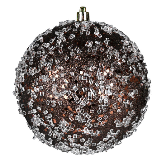 Vickerman 4" Chocolate Glitter Hail Ball Drilled Wired 6/Bag. These ornaments feature a drilled cap with looped wire to ensure that decorating is a breeze. They are made with plastic to reduce the likelihood of breaking when dropped. Includes 6 pieces per
