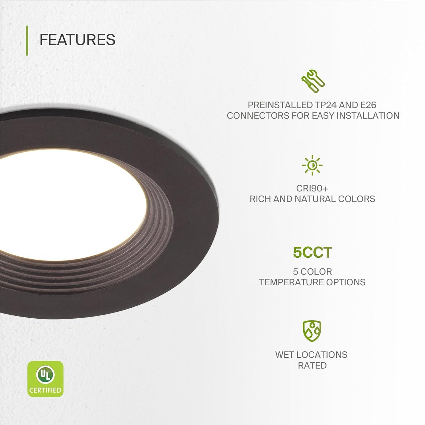 ASD Lighting LED Round Downlight Retrofit Kit 5'' and 6" 12W 120V CCT Selectable 2700/3000/3500/4000/5000K Dimmable PC, Baffle Trim, Oil Rubbed Bronze UL 6pack