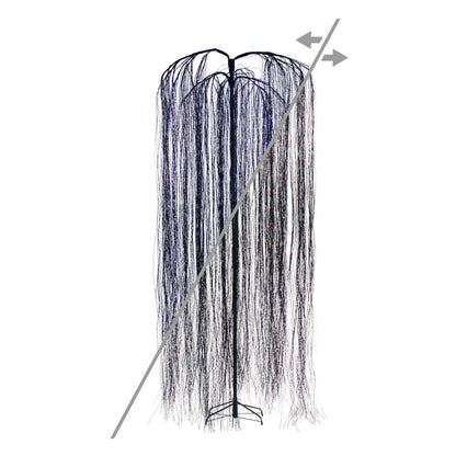 Vickerman 10' x 45" Black Willow Twig Artificial Pre-Lit Halloween Tree with 374 Purple and Orange LED Dot Lights. It measures 120 inches tall, and 45 inches wide, with the branches shaped about parallel to the floor. Pre-lit with 374 Dot LED Lights, the