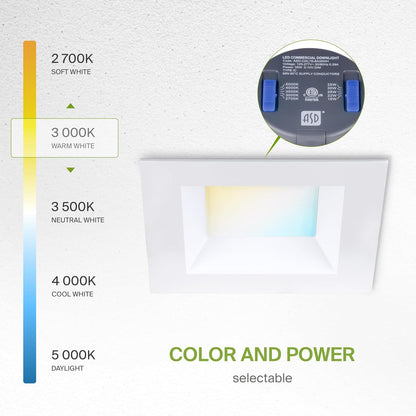 ASD Lighting LED Commercial Downlight Square 6inch 12/16/22/26/30W 120-277V 0-10V Dimmable 100Lm/W 2700/3000/3500/4000/5000K White ETL ES