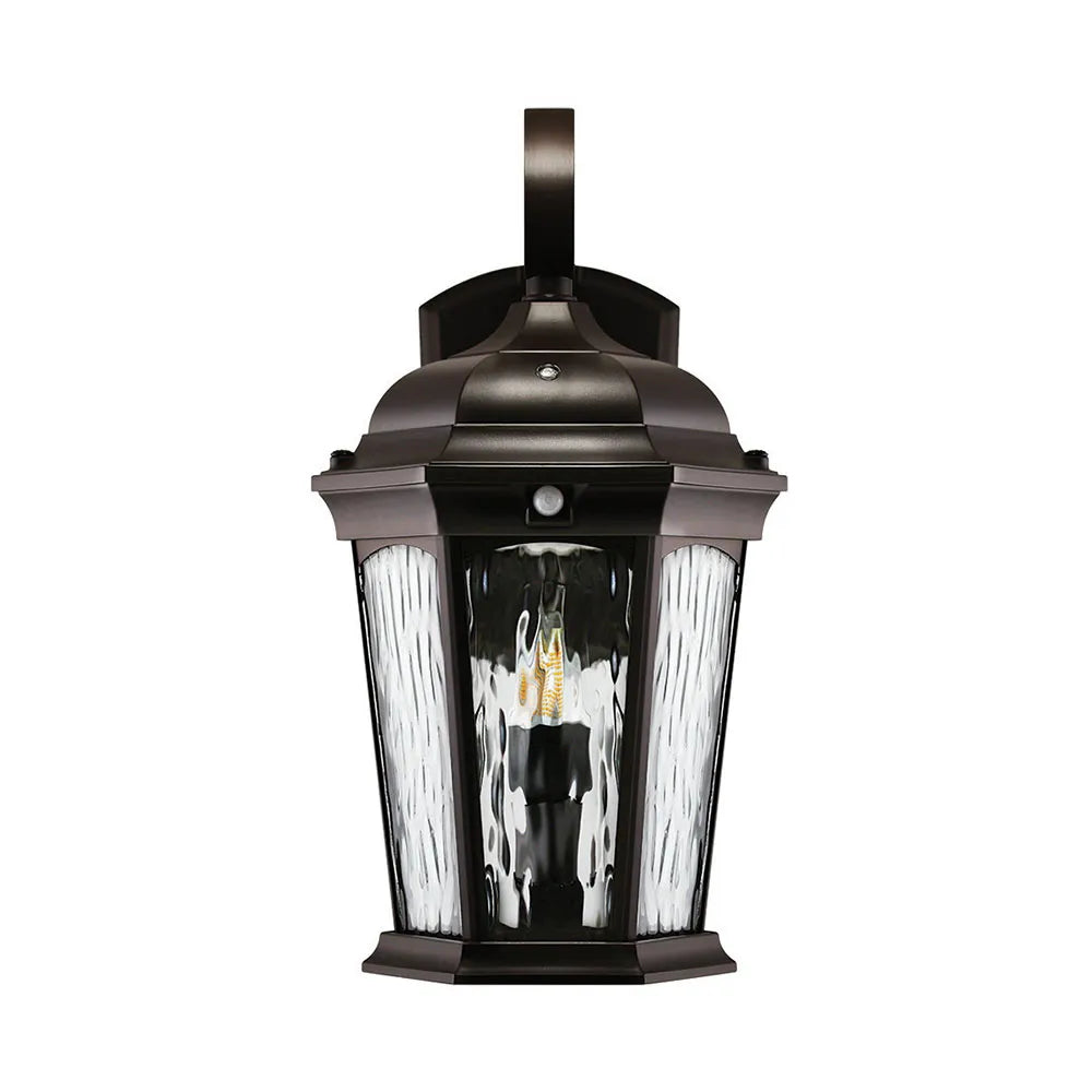 Euri Lighting EFL-130W-MD Decorative Fixture LED Flickering Flame Lantern with Dual Security Light and Flame Mode Wet Rated Motion Sensor Dusk to Dawn, Bronze Finish with Water Glass